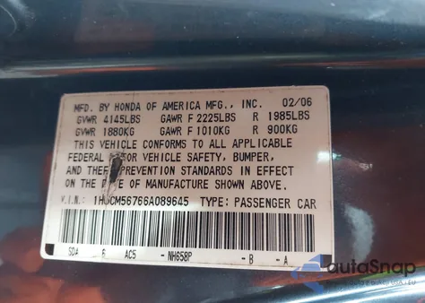 2006 Honda Accord 2.4 Ex from USA, damaged, VIN 1HGCM56766A089645